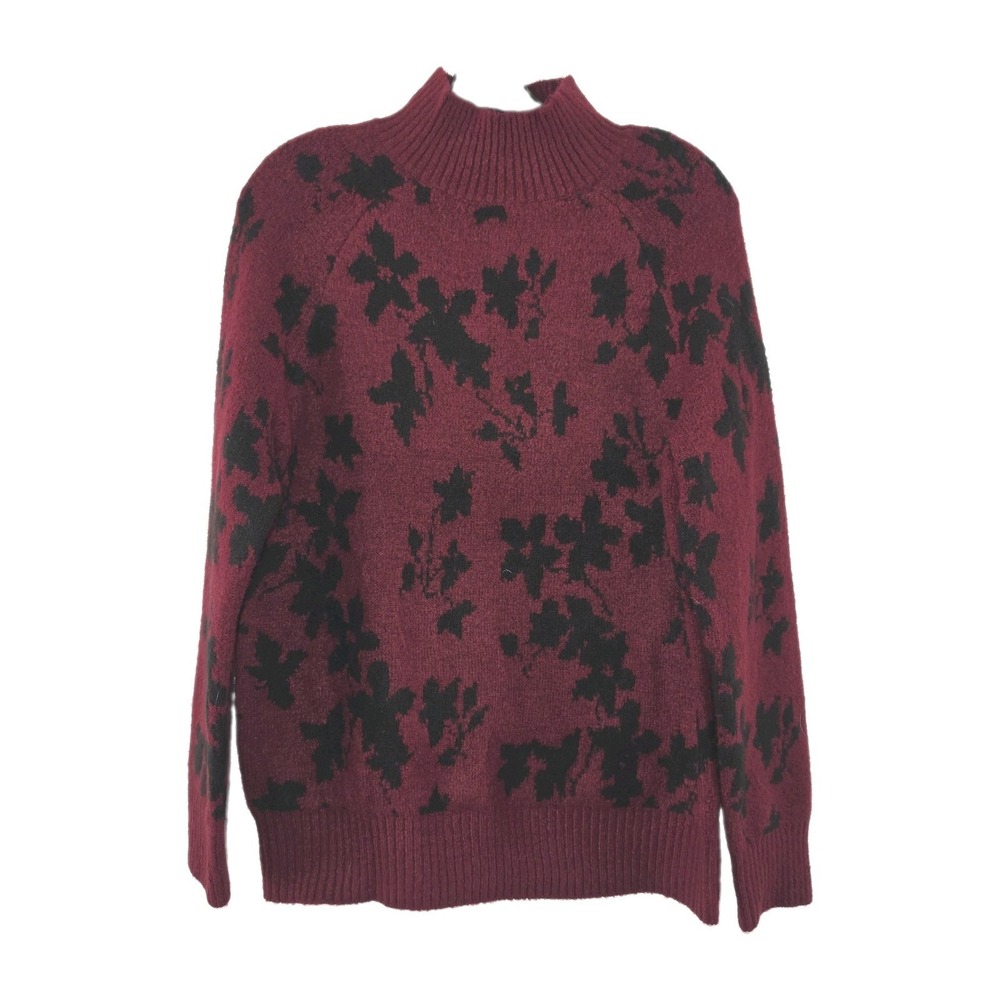 Liz Claiborne Maroon Burgundy Black Floral Fuzzy Mock Neck Sweater Small S